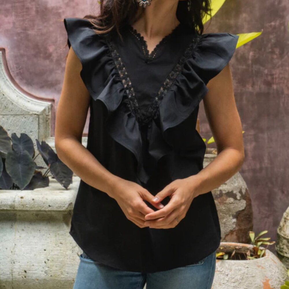 Mi Golondrina Black Valentina Blouse, Small